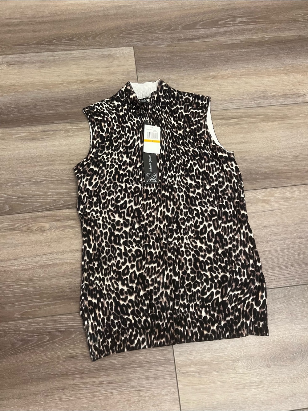 Cable & Gauge Leopard Print Sleeveless Mock Neck Top - Brown/Black/Cream